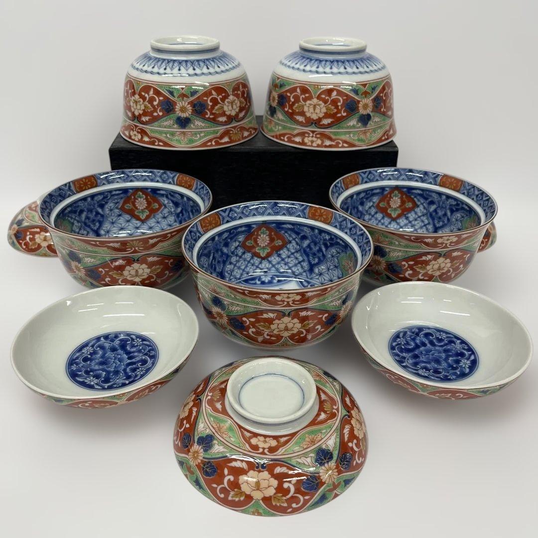 前畑陶器　庫山窯　染錦牡丹 蓋付き丼ぶり　蓋付き碗 5客セット 蓋付き煮物椀