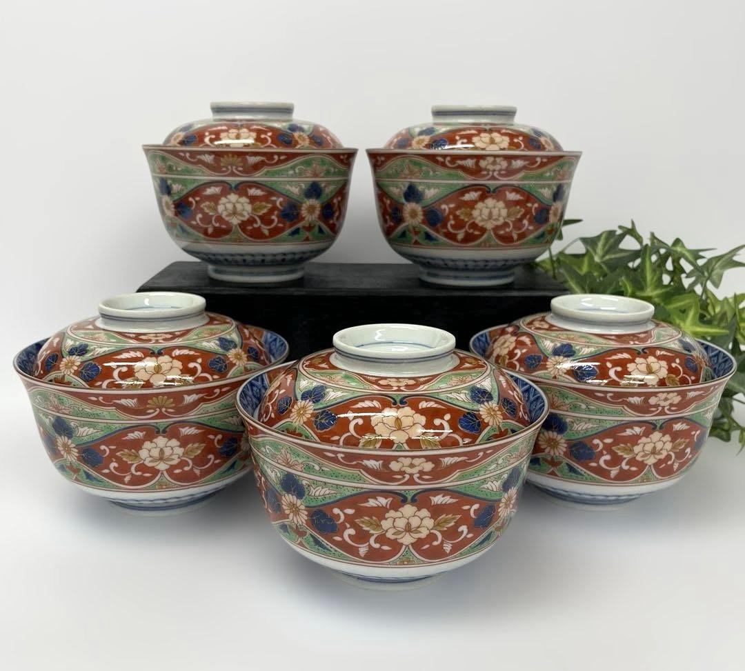 前畑陶器　庫山窯　染錦牡丹 蓋付き丼ぶり　蓋付き碗 5客セット 蓋付き煮物椀