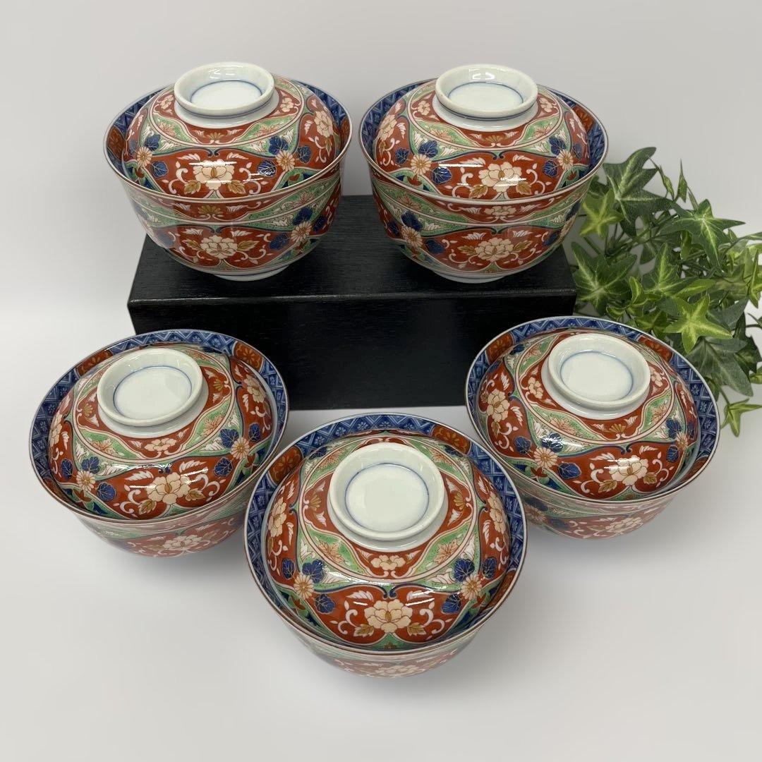 前畑陶器　庫山窯　染錦牡丹 蓋付き丼ぶり　蓋付き碗 5客セット 蓋付き煮物椀