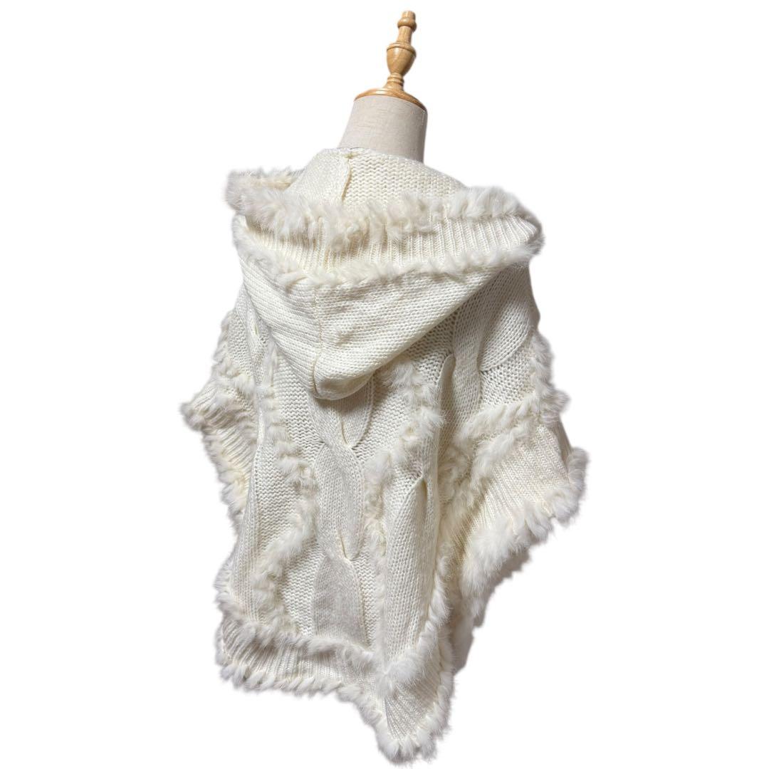 y2k 00s 平成 森ガール グランジ リアルファー フード付きニットポンチョ