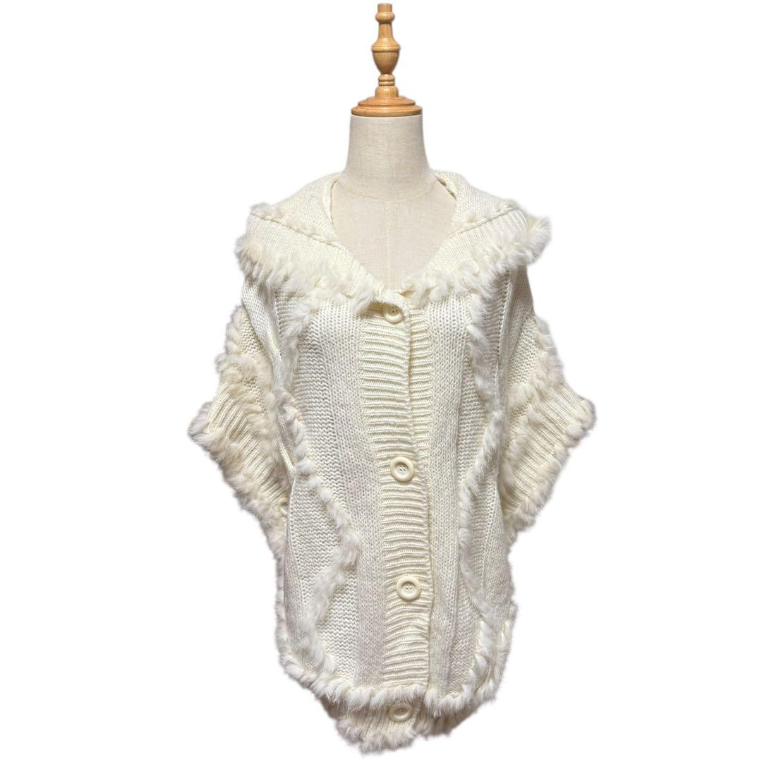 y2k 00s 平成 森ガール グランジ リアルファー フード付きニットポンチョ