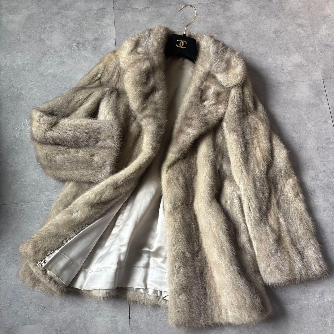 毛並み◎ 本皮　サファイアミンク　毛皮　11号　着丈69 シルバー　ハーフ L