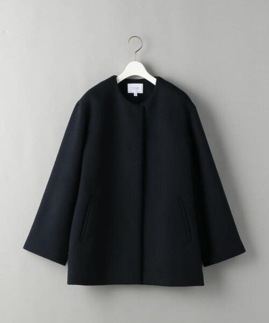 美品 BEAUTY&YOUTH ビーバー ノーカラー ショート コート ネイビー