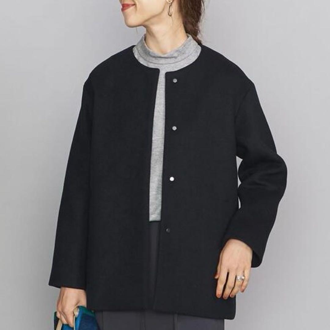 美品 BEAUTY&YOUTH ビーバー ノーカラー ショート コート ネイビー