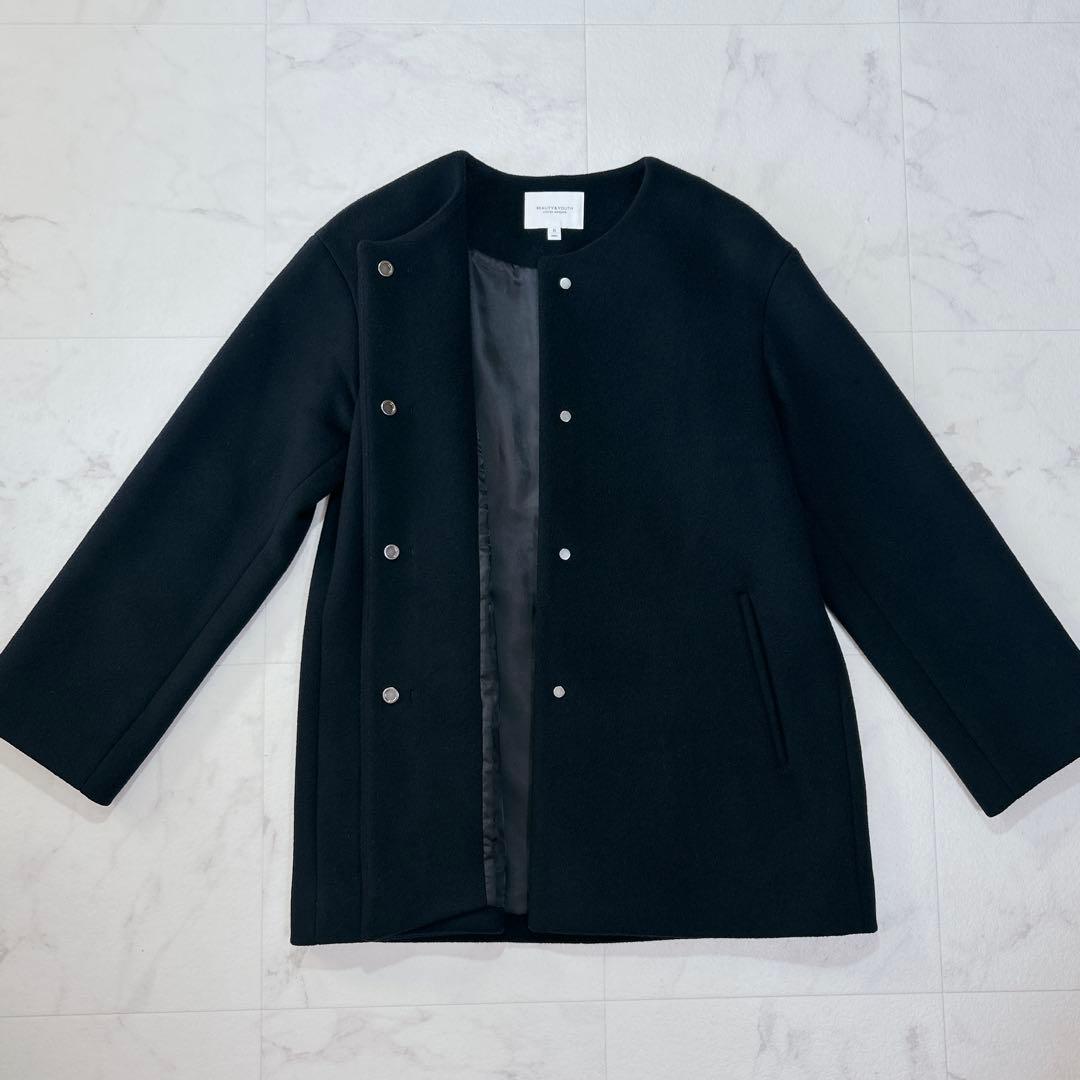 美品 BEAUTY&YOUTH ビーバー ノーカラー ショート コート ネイビー