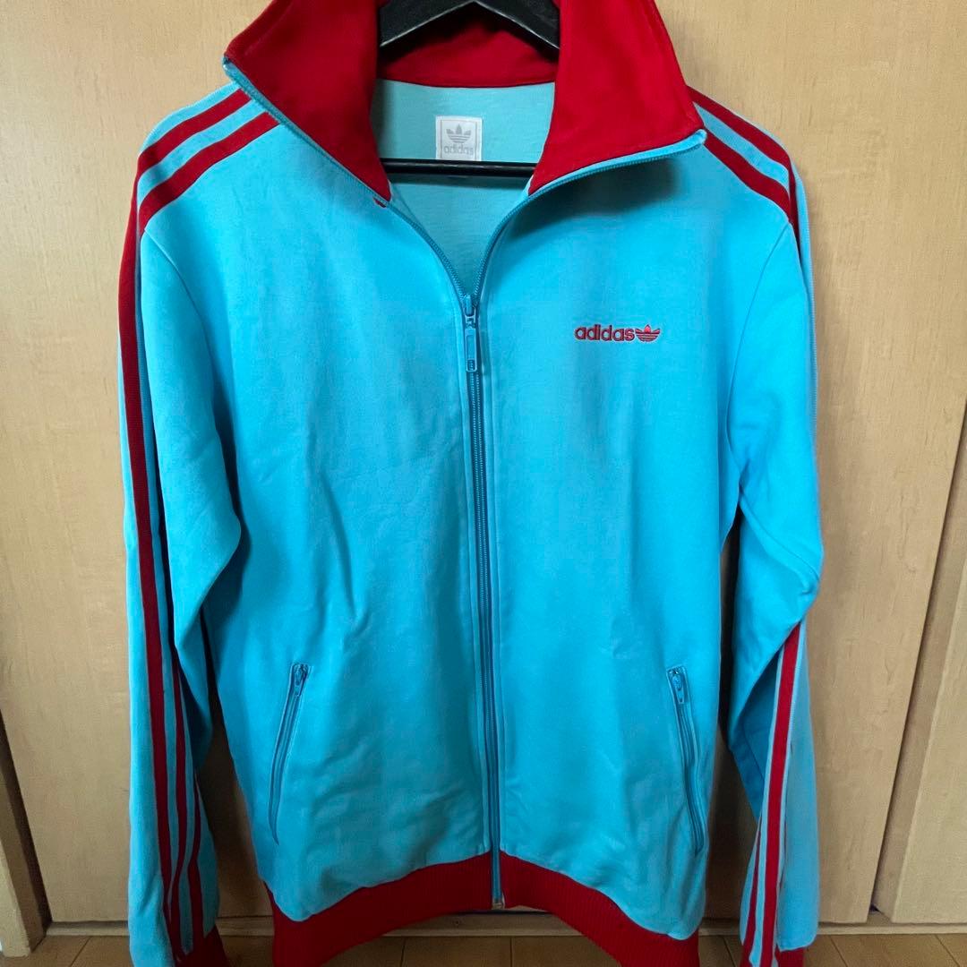 90s adidas トラックジャケット L 赤×水色 トレフォイル 国旗タグ