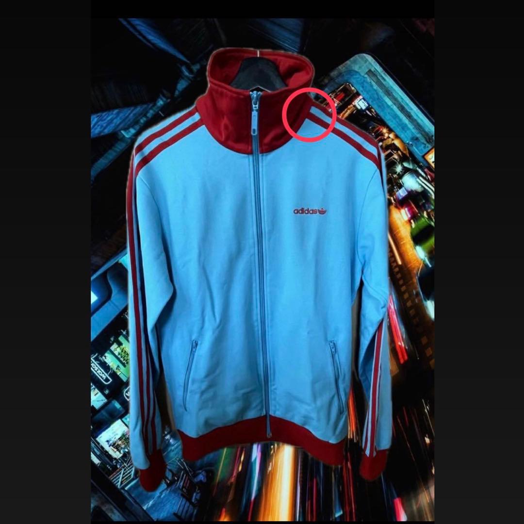 90s adidas トラックジャケット L 赤×水色 トレフォイル 国旗タグ