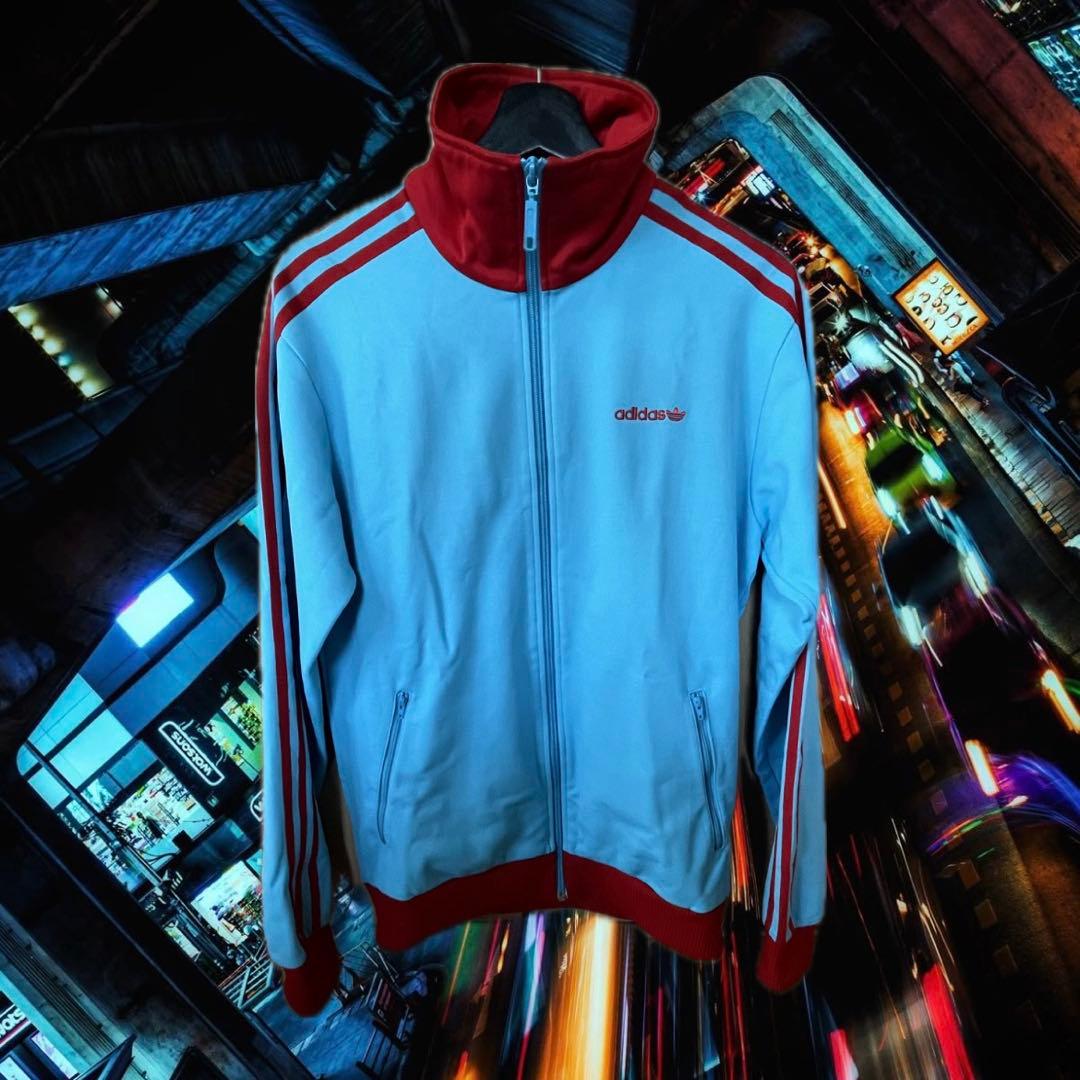 90s adidas トラックジャケット L 赤×水色 トレフォイル 国旗タグ