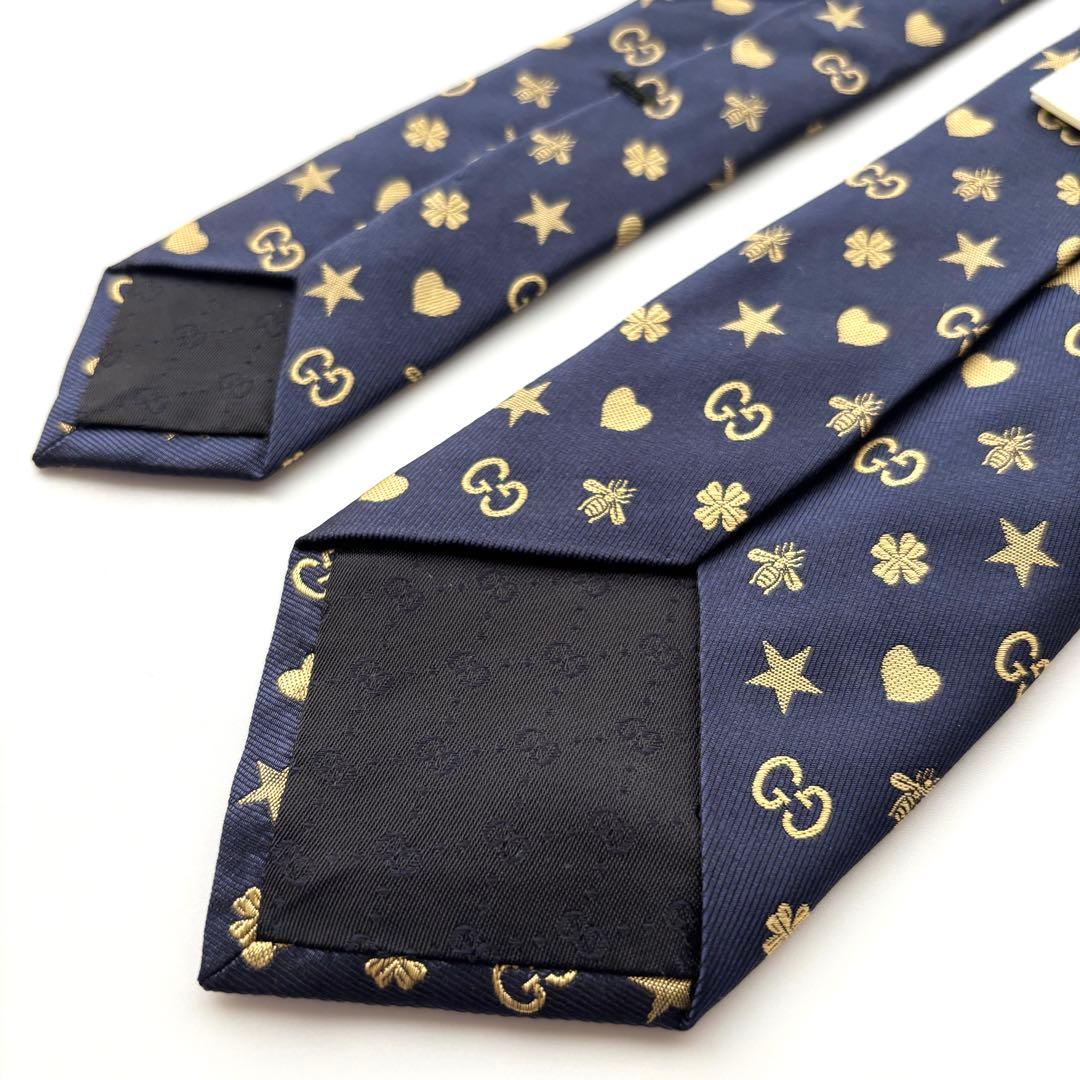 ꧁美品꧂ グッチ ネクタイ GG柄 蜂 ハート ネイビー イエロー ナロータイ