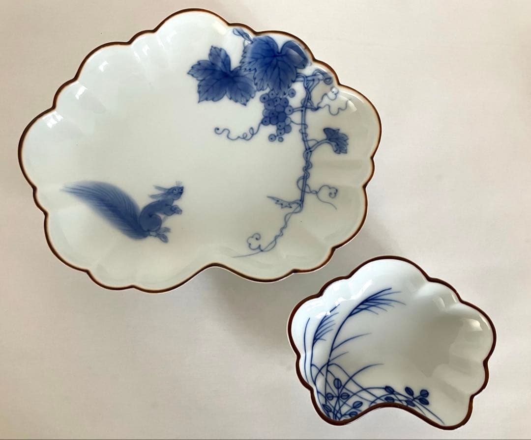 辻製磁社★形変皿★柄違い3セット★リスブドウ★ウサギ★牛★笛★有田焼