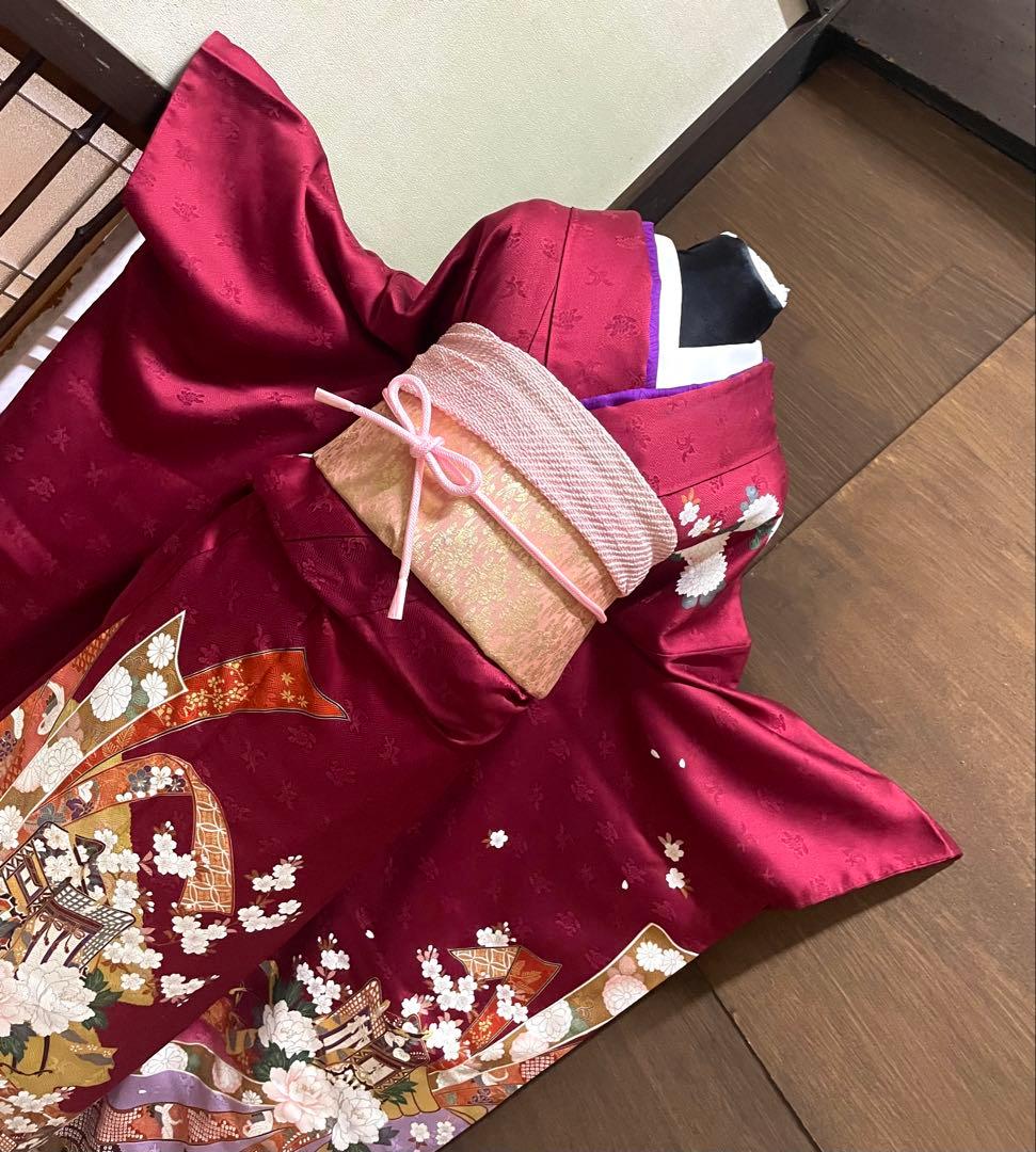 振袖フルセット6点サイズS〜M 束ね熨斗御所車花文　金彩　正絹