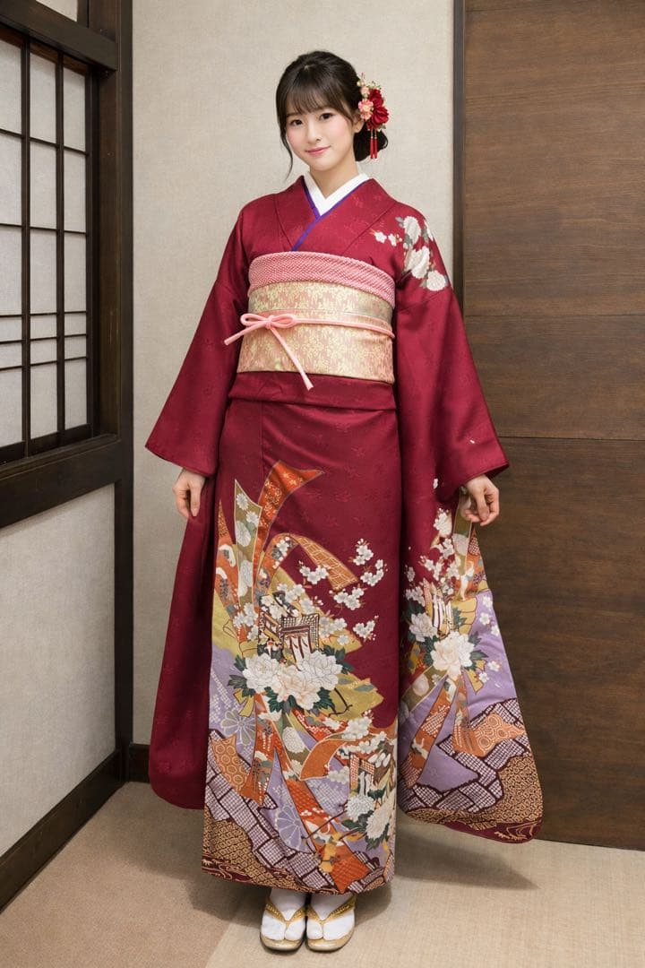 振袖フルセット6点サイズS〜M 束ね熨斗御所車花文　金彩　正絹