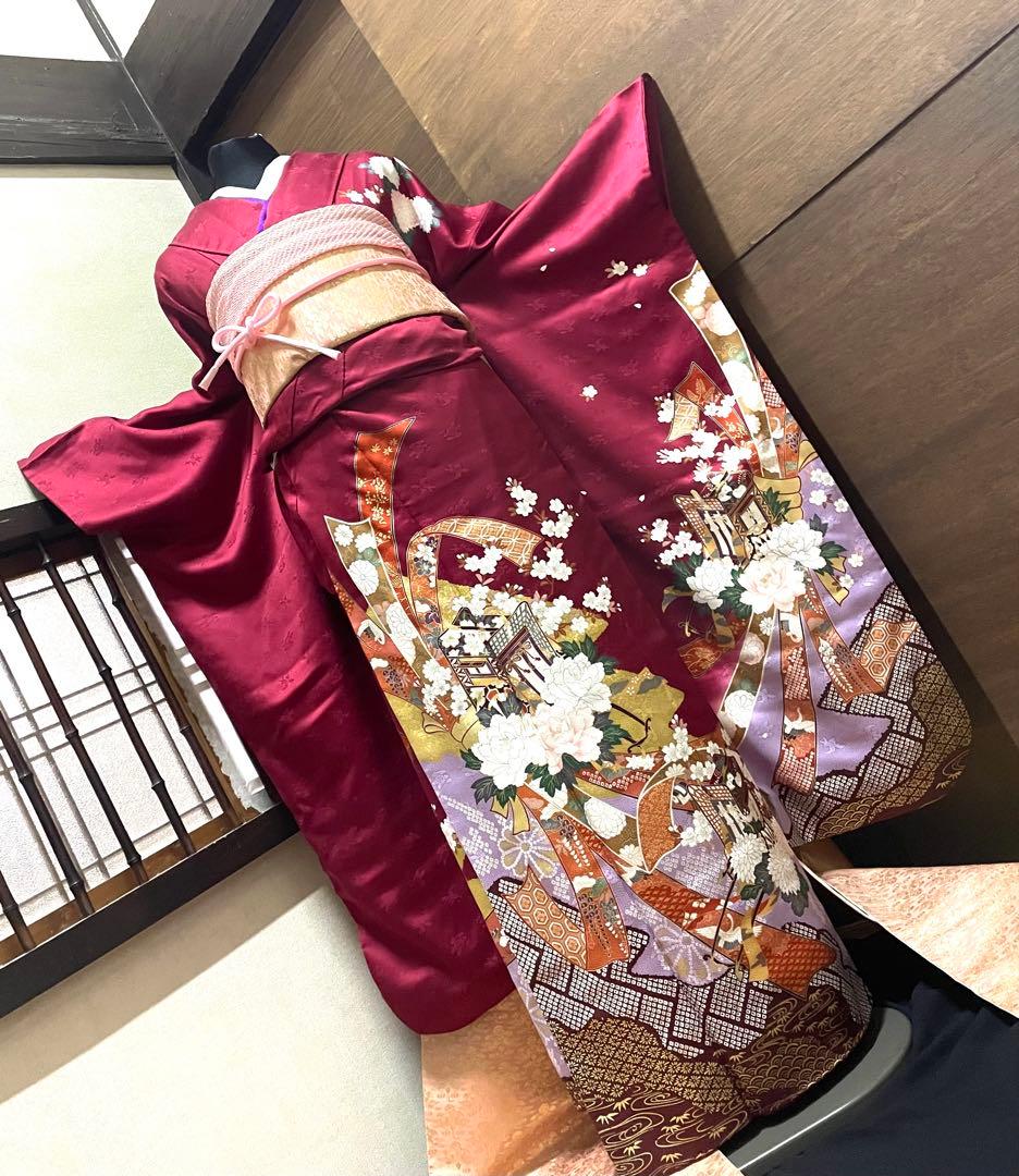振袖フルセット6点サイズS〜M 束ね熨斗御所車花文　金彩　正絹