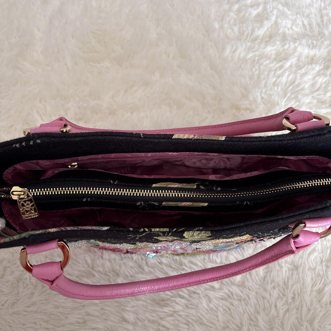 【美品】シンクビー トートバッグ ゴブラン織り 刺繍 スパンコール 花柄 レザー