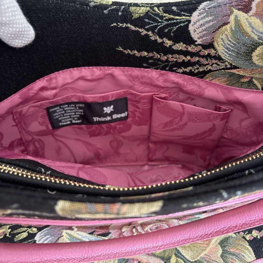 【美品】シンクビー トートバッグ ゴブラン織り 刺繍 スパンコール 花柄 レザー