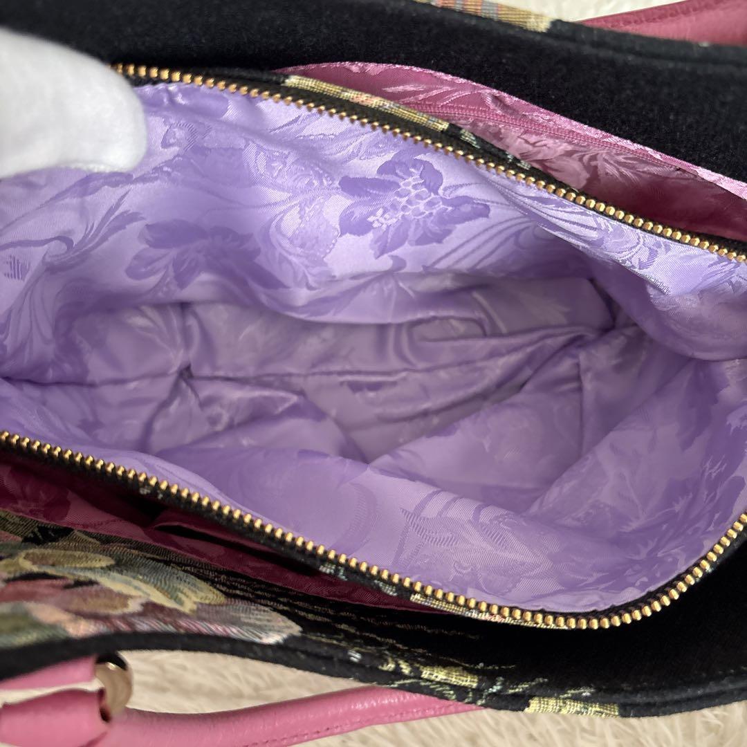 【美品】シンクビー トートバッグ ゴブラン織り 刺繍 スパンコール 花柄 レザー