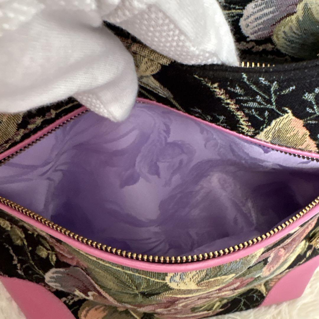 【美品】シンクビー トートバッグ ゴブラン織り 刺繍 スパンコール 花柄 レザー