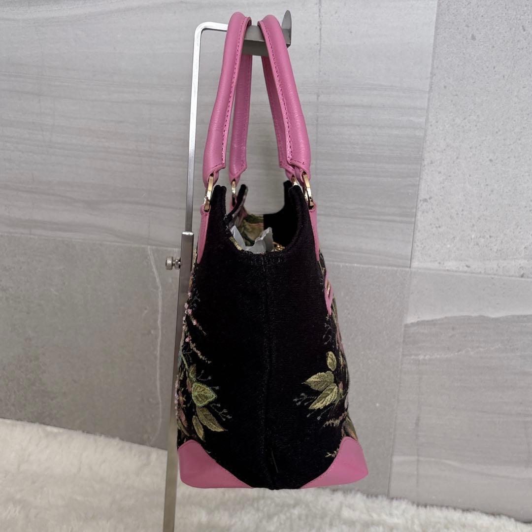 【美品】シンクビー トートバッグ ゴブラン織り 刺繍 スパンコール 花柄 レザー