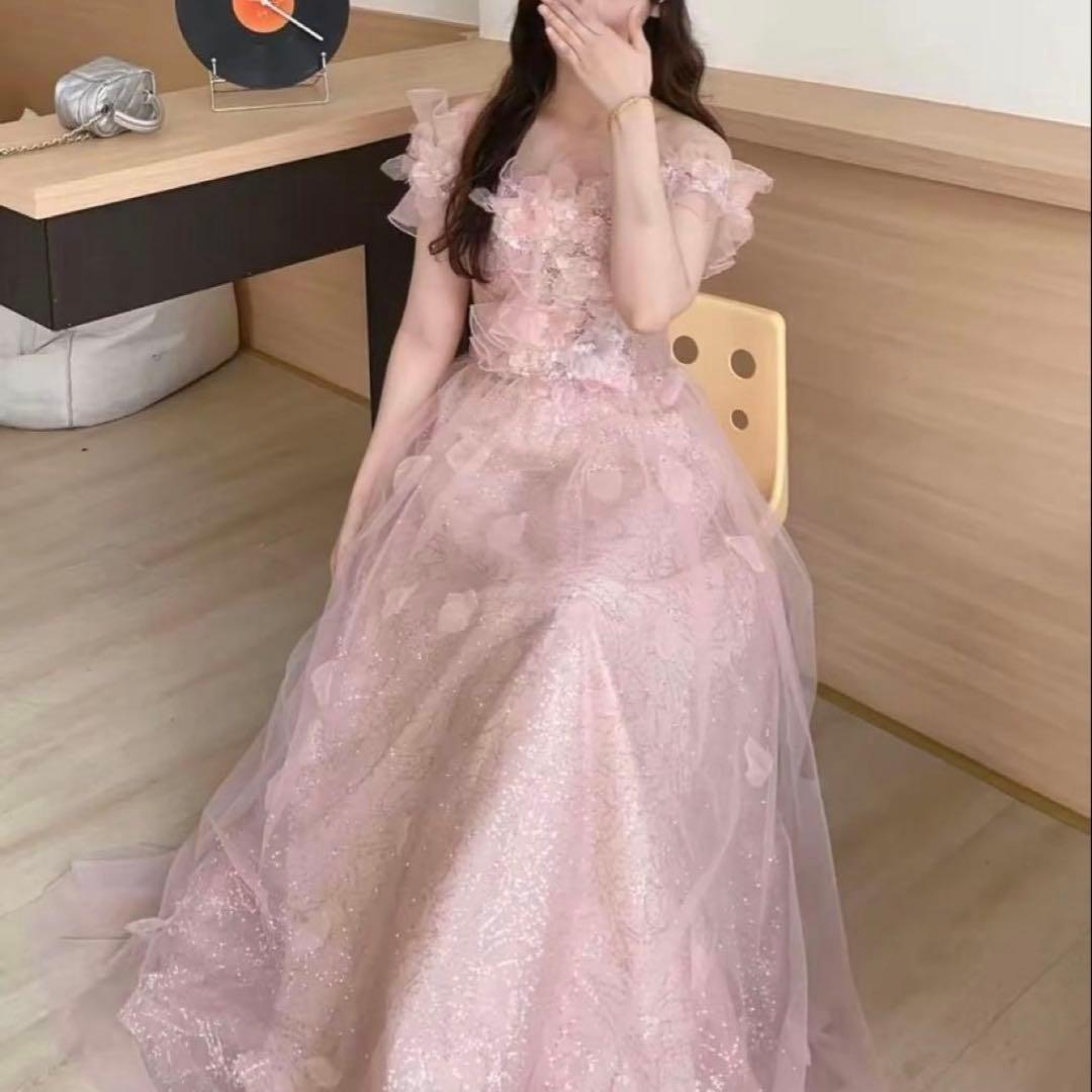 【美品】オフショルダー フラワー装飾 ロングドレス ピンク