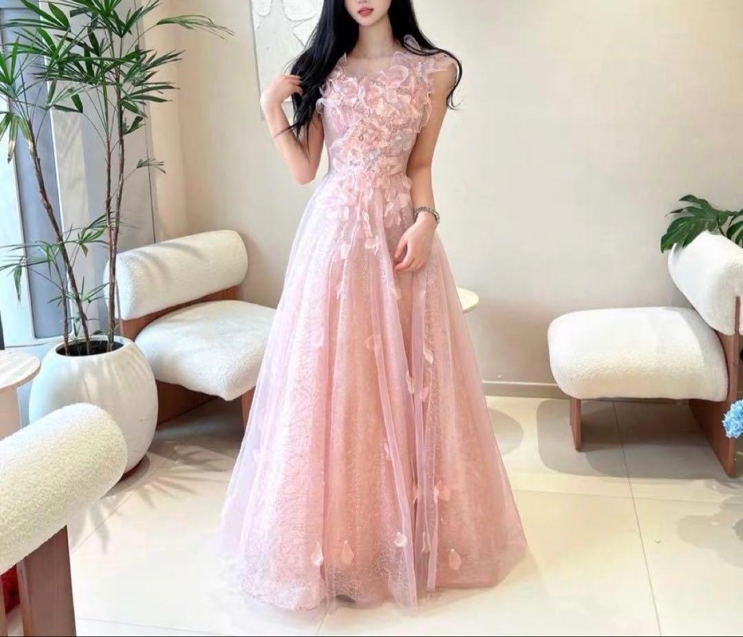 【美品】オフショルダー フラワー装飾 ロングドレス ピンク