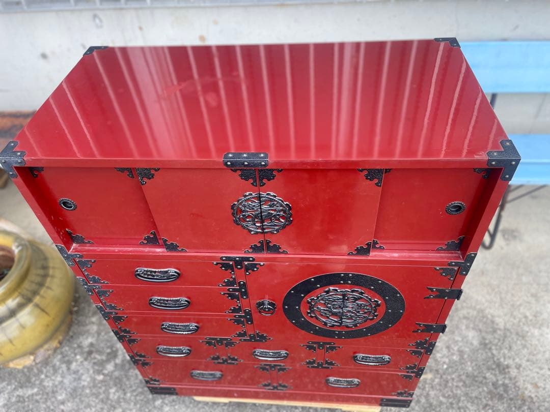 仙台箪笥　鉄金具　新象南蛮 赤漆塗り漆器　鈴善工業　和箪笥　アンティーク