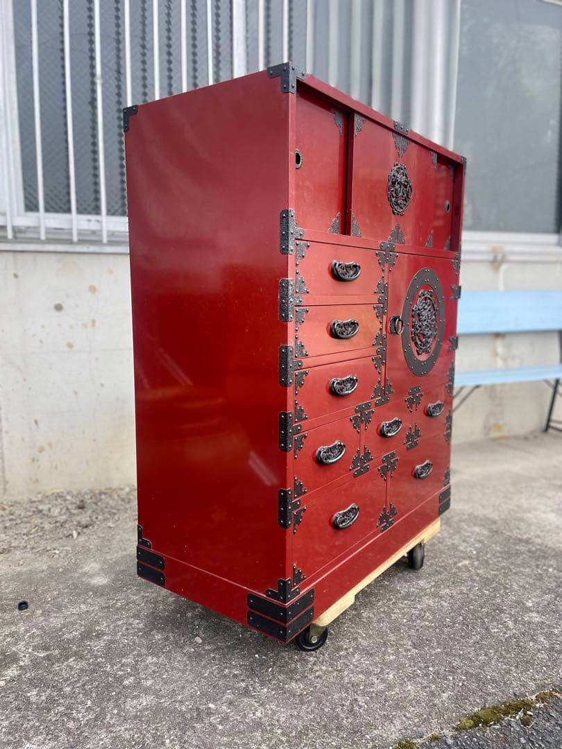 仙台箪笥　鉄金具　新象南蛮 赤漆塗り漆器　鈴善工業　和箪笥　アンティーク