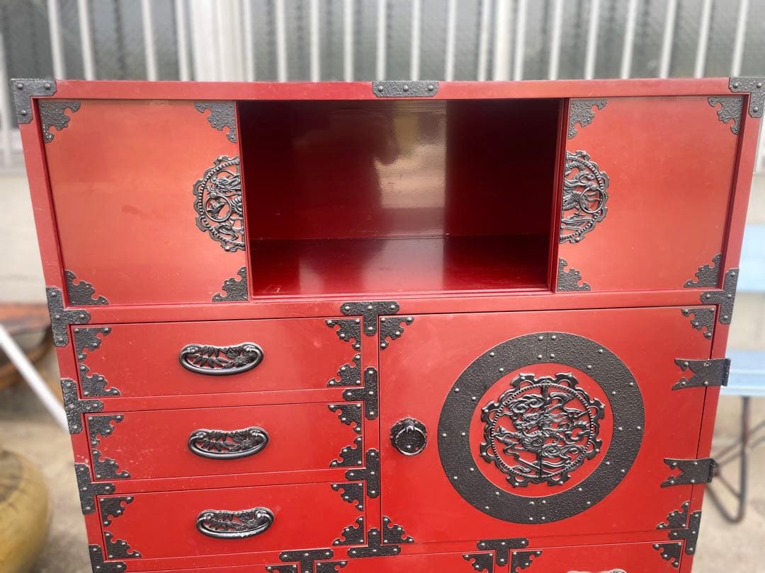 仙台箪笥　鉄金具　新象南蛮 赤漆塗り漆器　鈴善工業　和箪笥　アンティーク