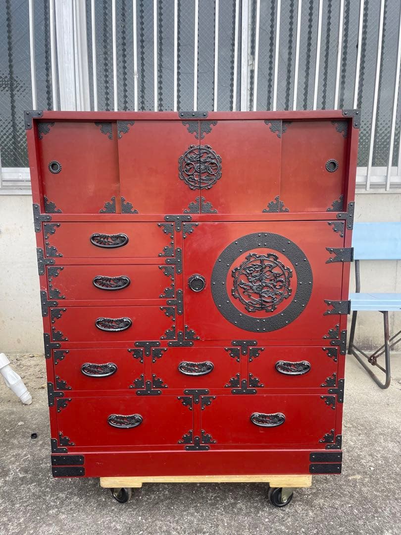 仙台箪笥　鉄金具　新象南蛮 赤漆塗り漆器　鈴善工業　和箪笥　アンティーク
