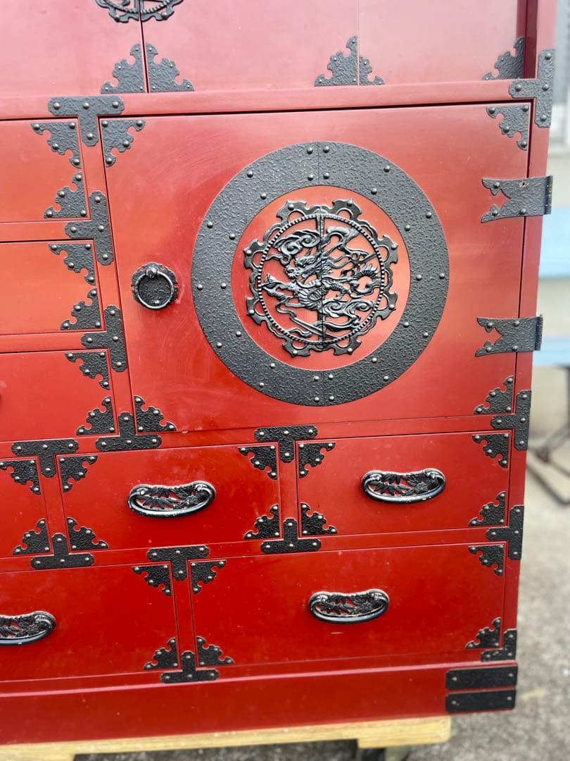 仙台箪笥　鉄金具　新象南蛮 赤漆塗り漆器　鈴善工業　和箪笥　アンティーク