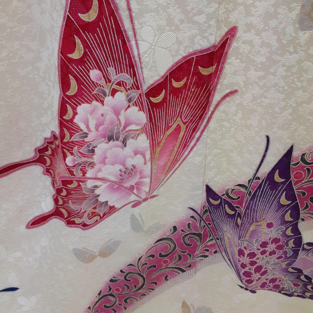 820正絹振袖 白 蝶模様160cm~