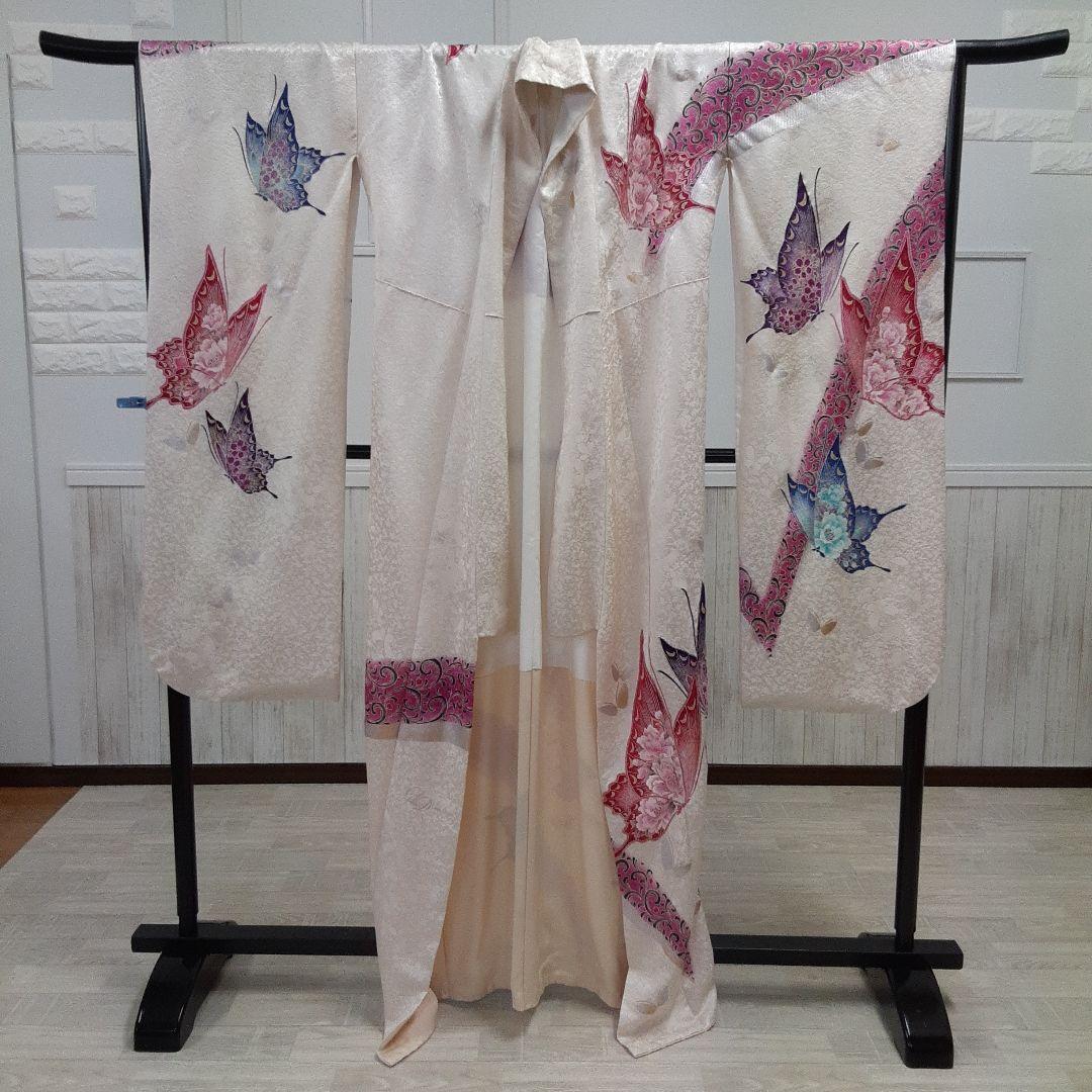 820正絹振袖 白 蝶模様160cm~