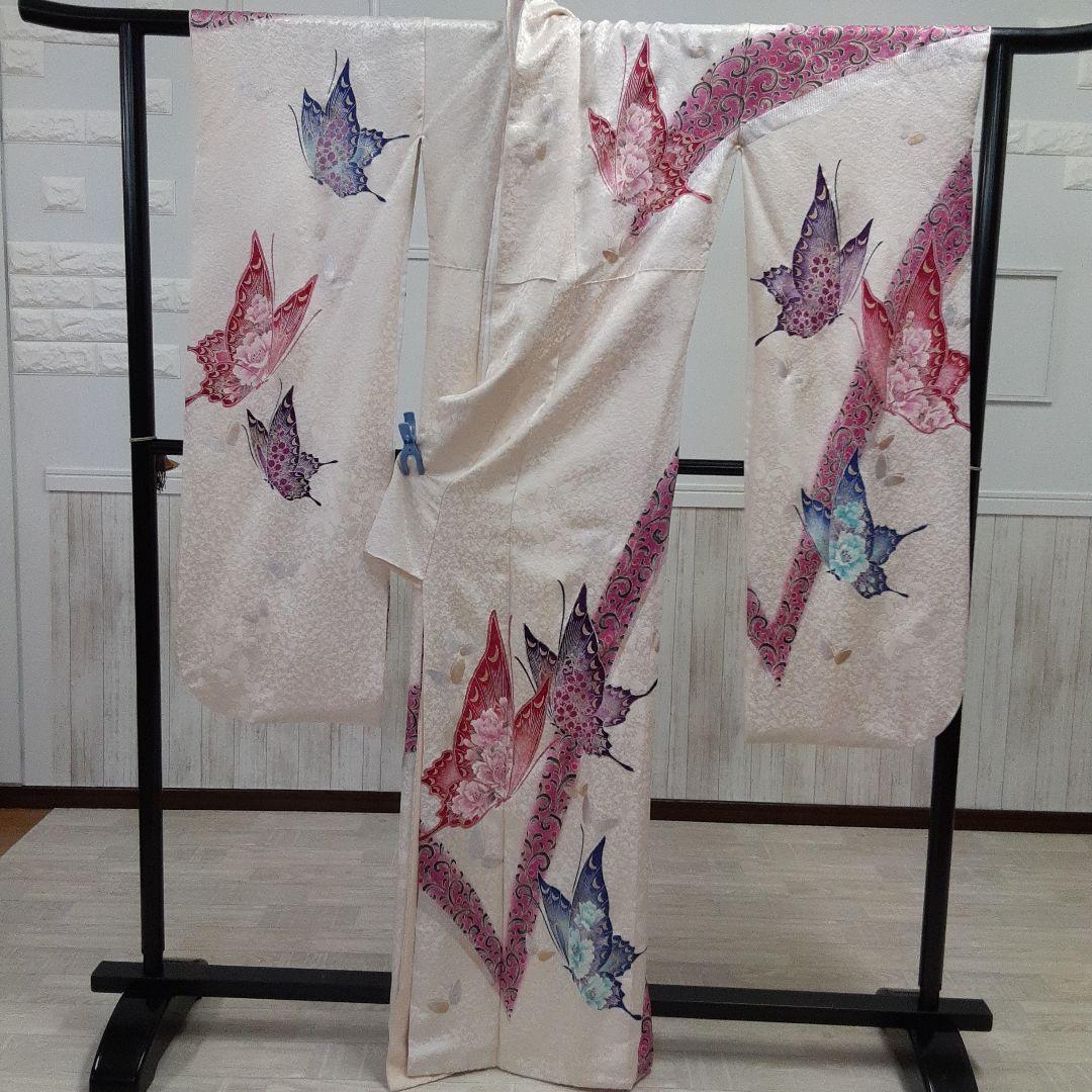 820正絹振袖 白 蝶模様160cm~