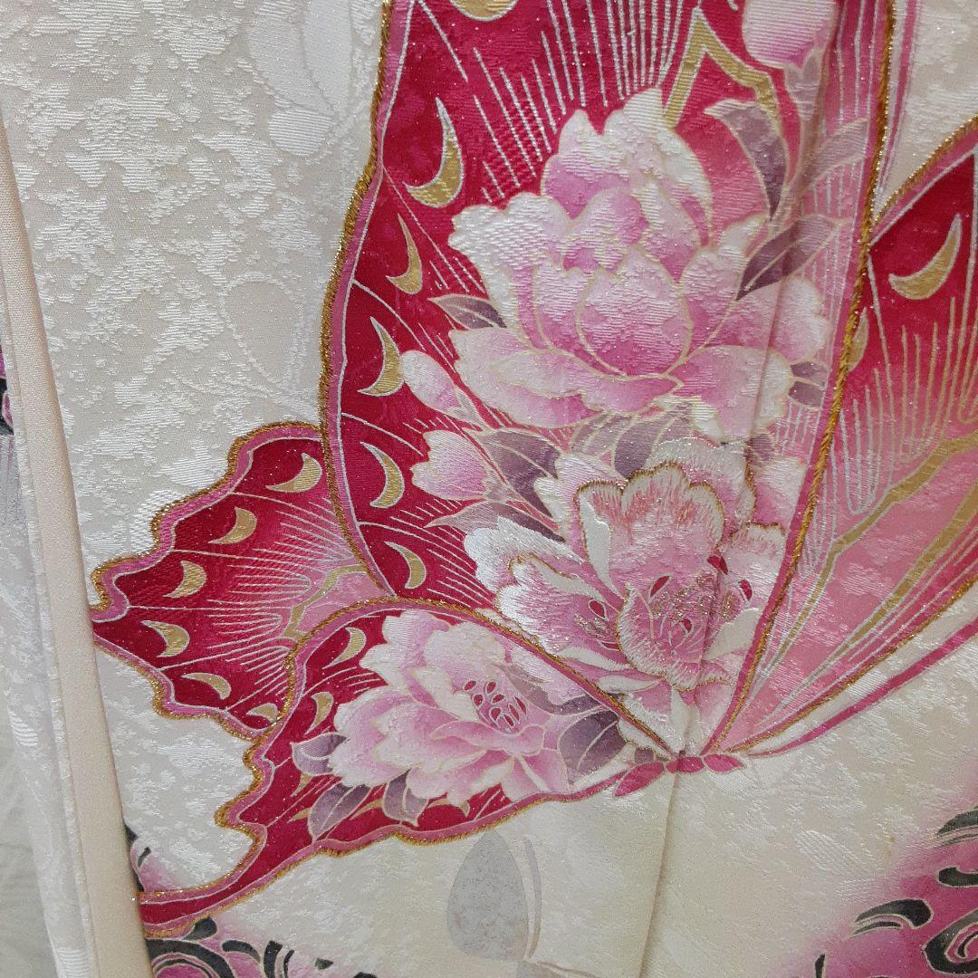 820正絹振袖 白 蝶模様160cm~