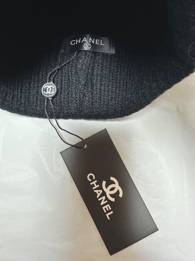 CHANEL ネイビー ケーブル編み ニット帽ブラック