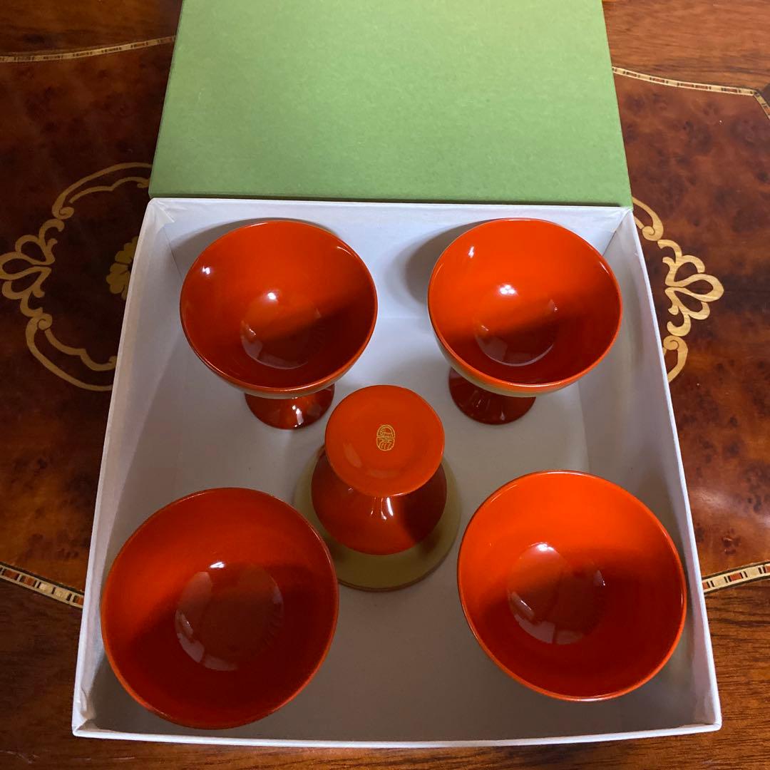 象彦　天然木　漆塗　うるし　酒器　高台　盃　珍味入れ　5つ　冷酒杯