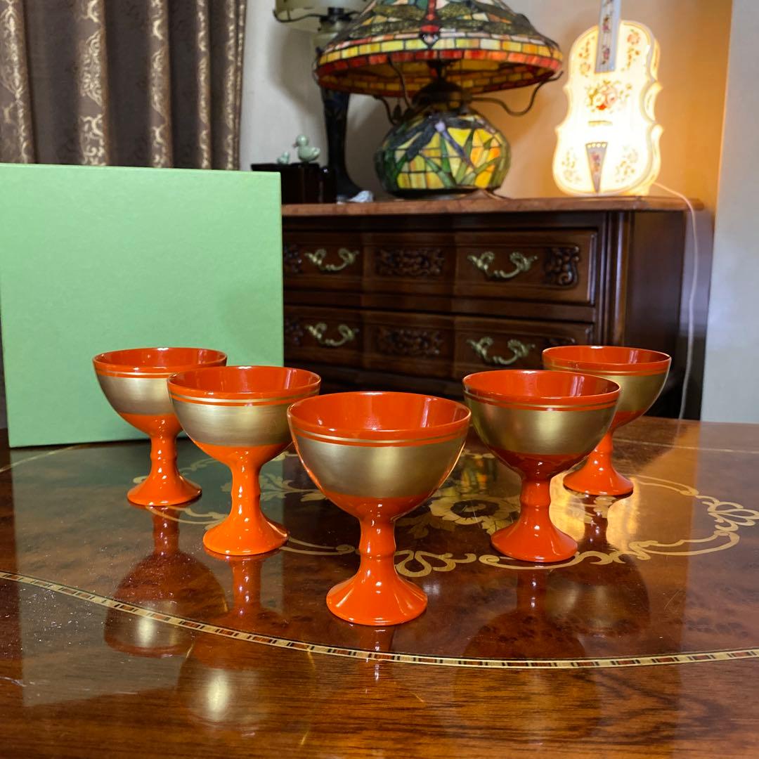 象彦　天然木　漆塗　うるし　酒器　高台　盃　珍味入れ　5つ　冷酒杯