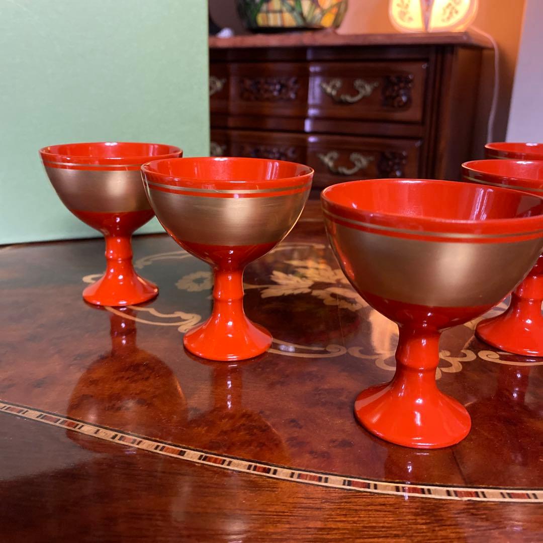 象彦　天然木　漆塗　うるし　酒器　高台　盃　珍味入れ　5つ　冷酒杯