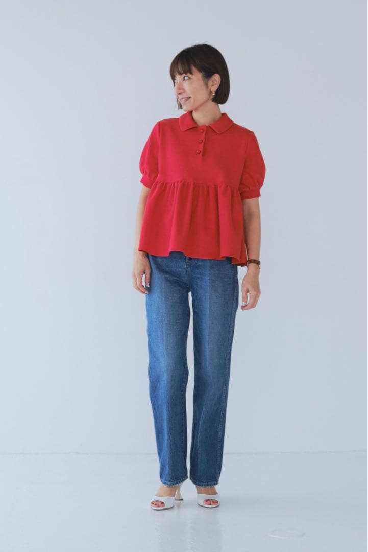 新品未使用yori オーガニックコットンパイルポロカットソー　レッド38