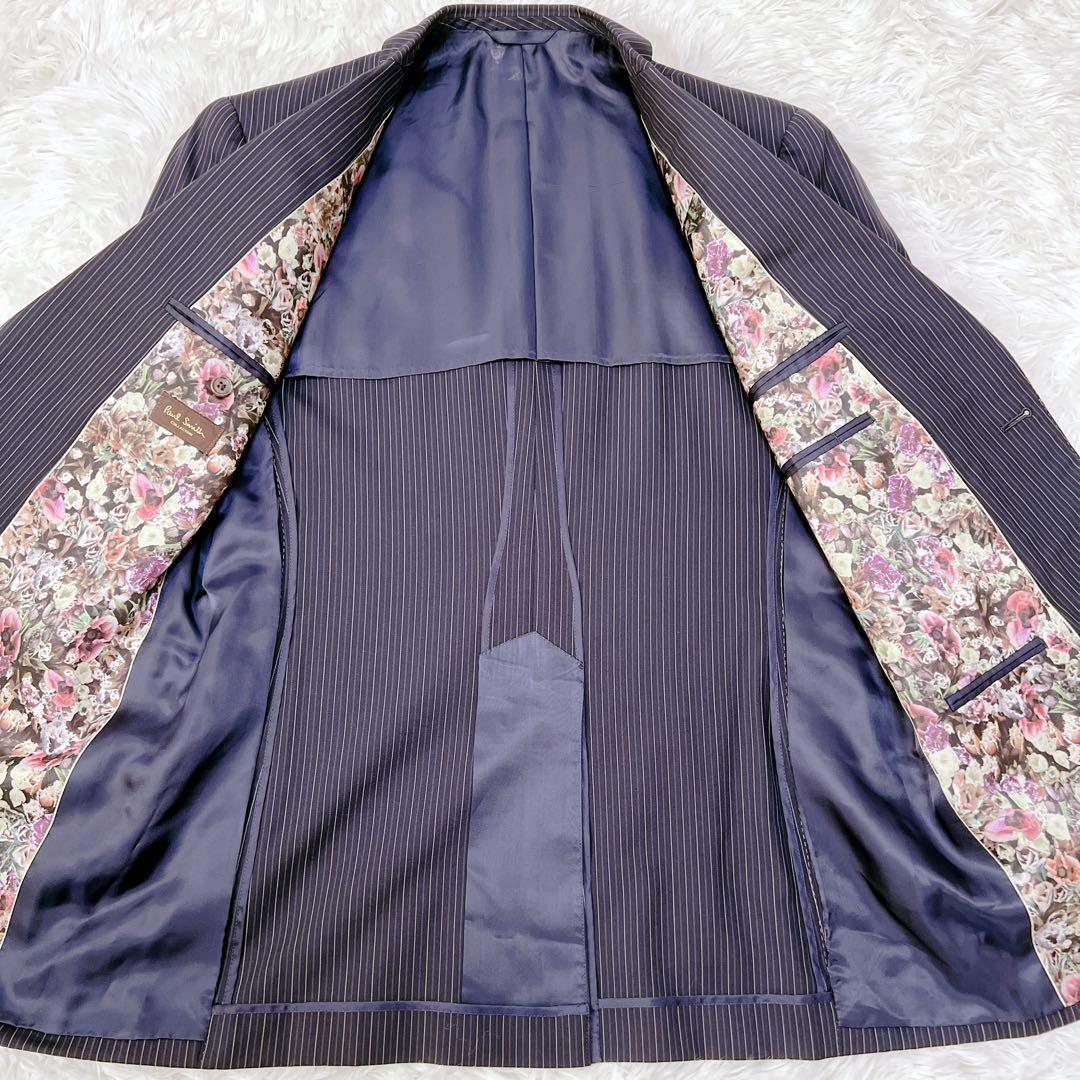 ✨希少✨ ポールスミス 花柄裏地 スーツ セットアップ 黒 紺 ストライプ L