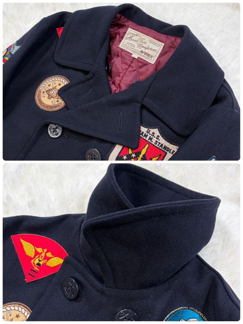 【美品】AVIREX ピーコート ワッペン トップガン メルトン ネイビー L