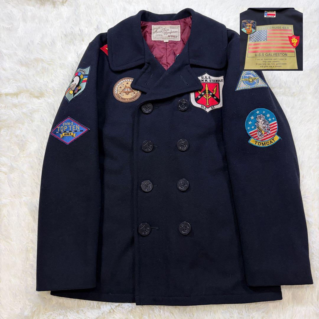 【美品】AVIREX ピーコート ワッペン トップガン メルトン ネイビー L