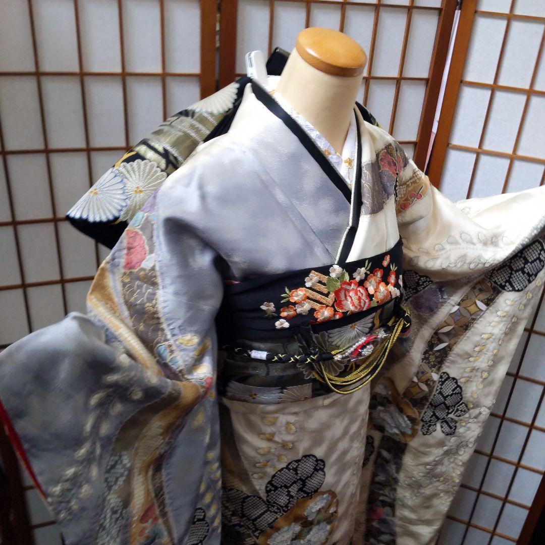 441やまと　金通し　絞り　クリーム灰正絹振袖6点フルセット成人式卒業式謝恩会