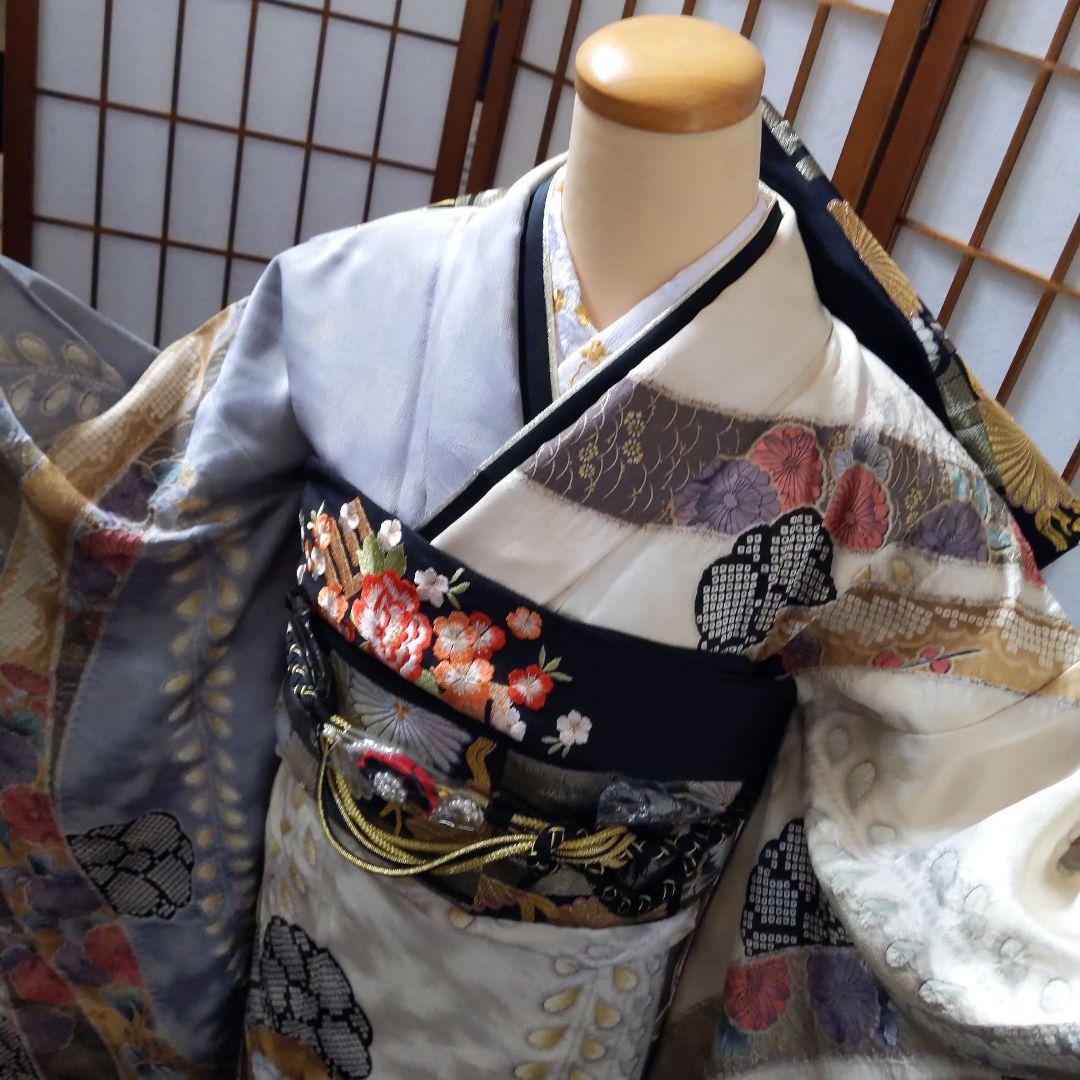 441やまと　金通し　絞り　クリーム灰正絹振袖6点フルセット成人式卒業式謝恩会