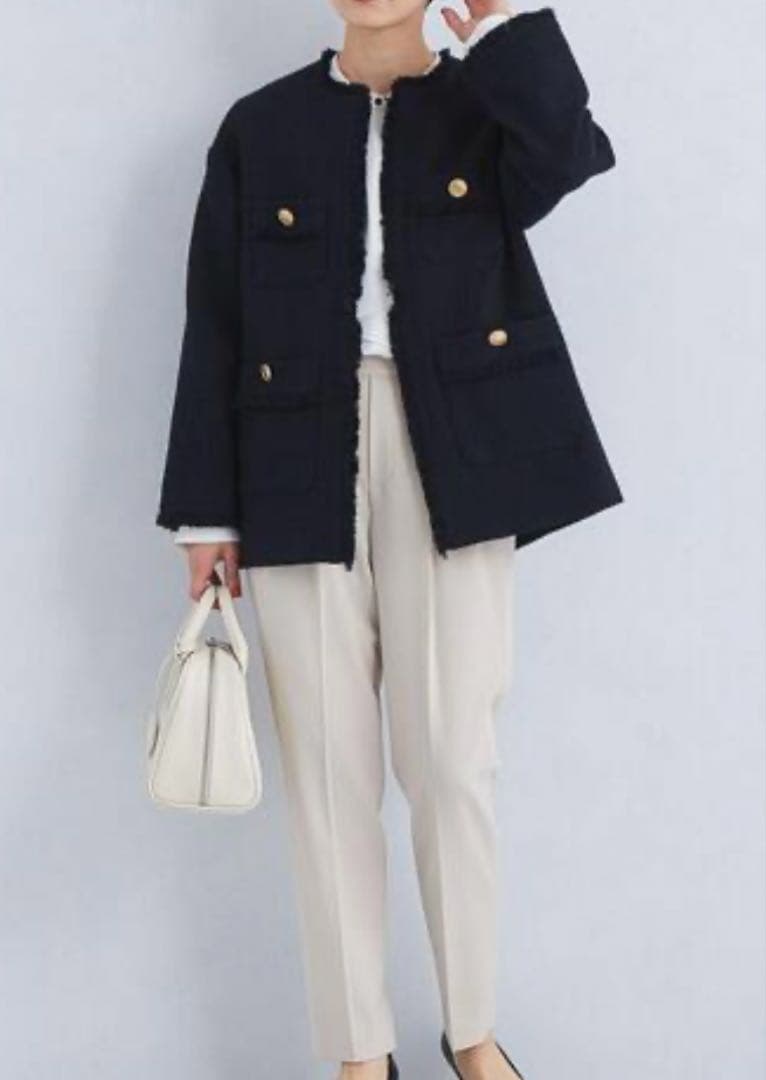 グリーンレーベルリラクシングツイードポケット ノーカラージャケットネイビー36