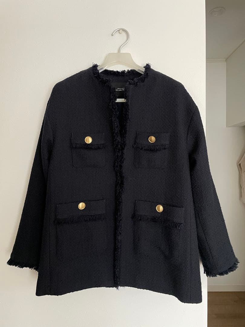 グリーンレーベルリラクシングツイードポケット ノーカラージャケットネイビー36