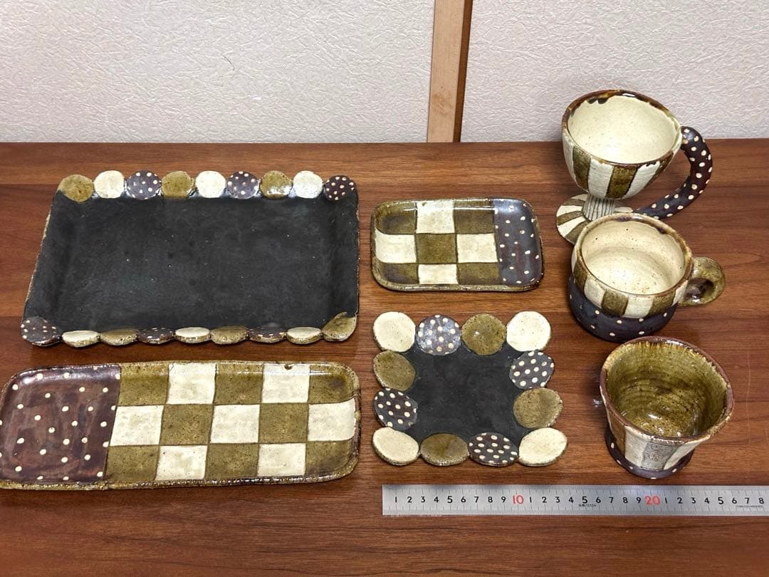 未使用あり阿部誠　大皿小中皿長皿マグカップゴブレットカップ笠間焼き7点セット