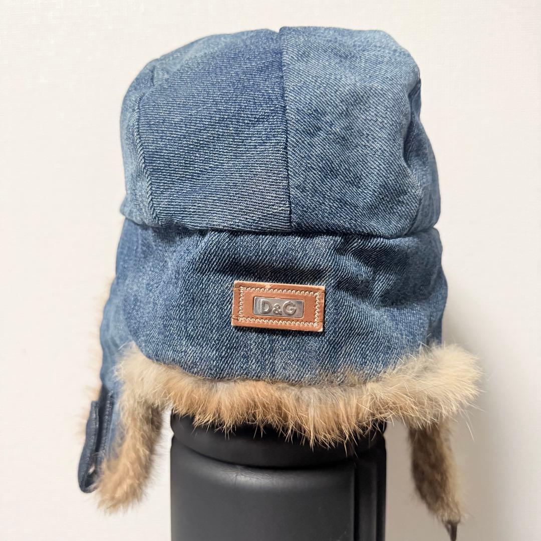 D&G ラビットファー デニム フライトキャップ イヤーフラップ y2k