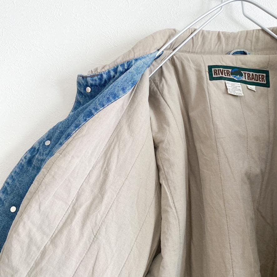 海外古着 袖切替 配色 中綿 デニムジャケット スタジャン XL