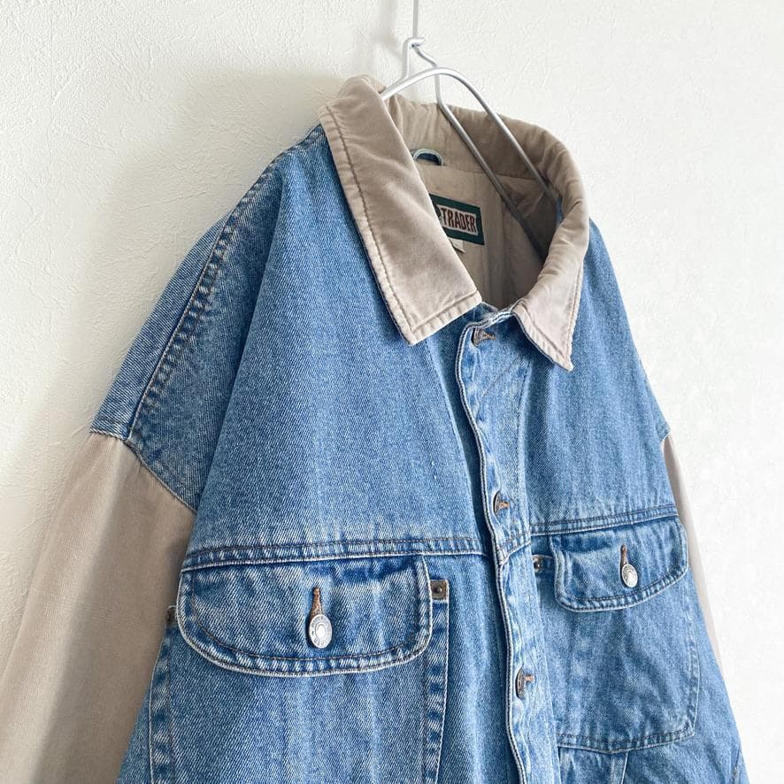 海外古着 袖切替 配色 中綿 デニムジャケット スタジャン XL