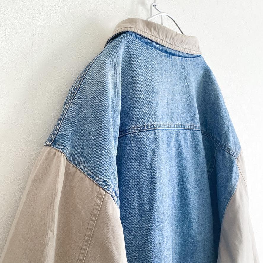 海外古着 袖切替 配色 中綿 デニムジャケット スタジャン XL
